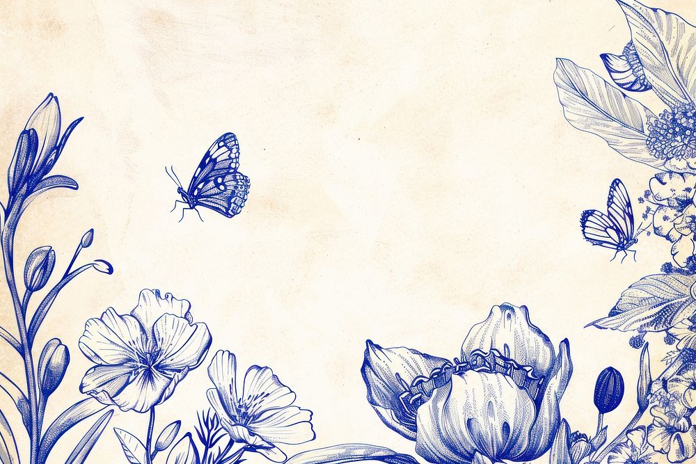 Vintage drawing flowers and butterfly sketch pattern paper.