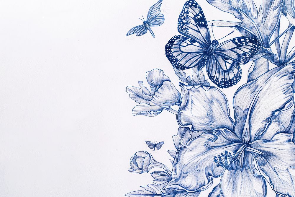 Vintage drawing flowers and butterfly sketch pattern blue.