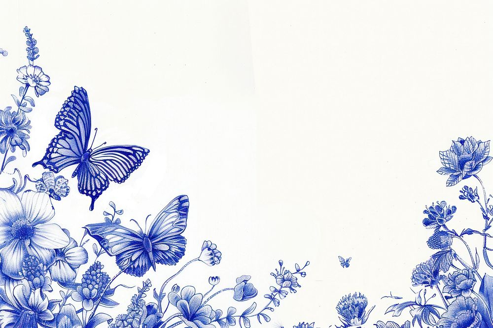 Vintage drawing flowers and butterfly pattern sketch white.