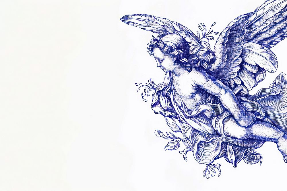 Vintage drawing angel sketch blue art.