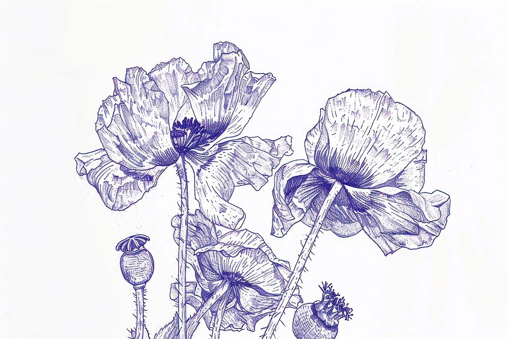 Vintage drawing poppy sketch flower plant.