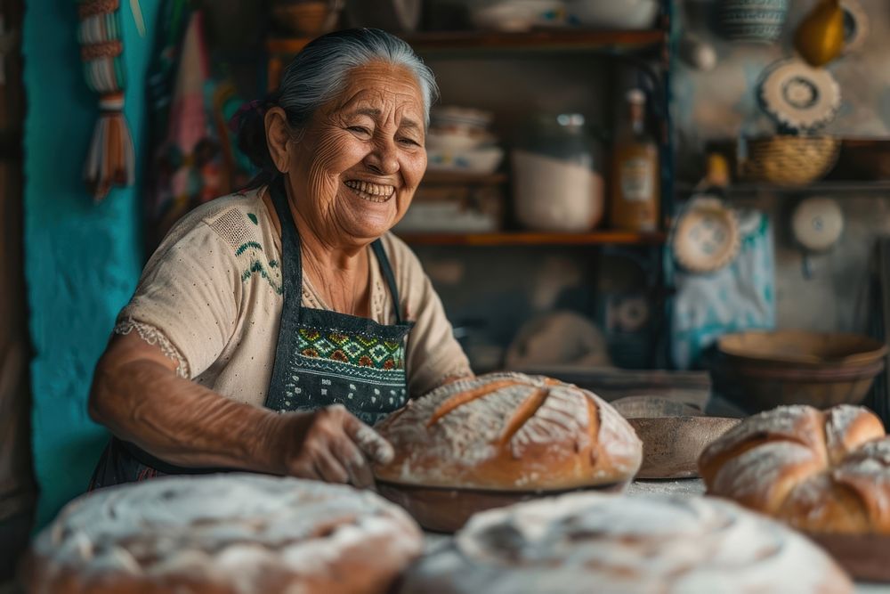 Senior hispanic woman cooking homemade bread in her kitchen accessories accessory necklace.