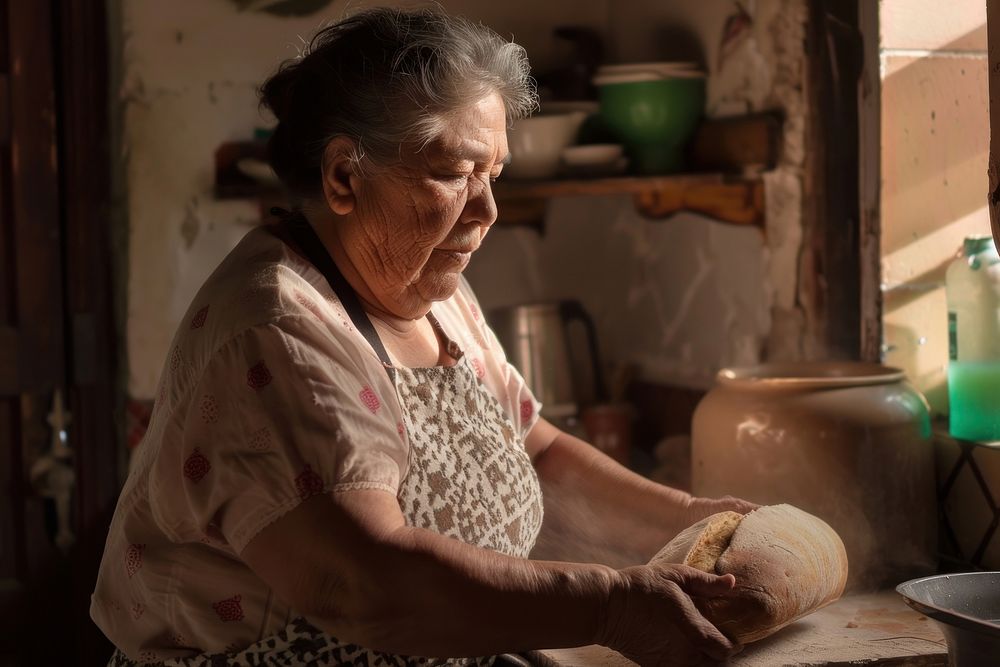 Senior hispanic woman cooking homemade bread in her kitchen person female candle.