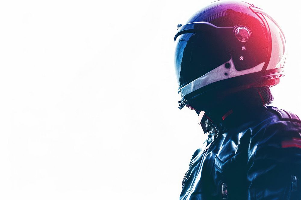 Astronaut suit and helmet looking at transparent window in neon light adult protection headwear.