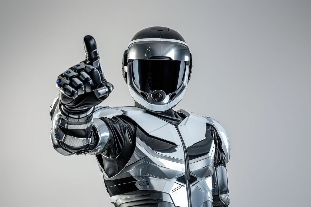 Full body astronaut suit and helmet make a gesture happy protection technology futuristic.