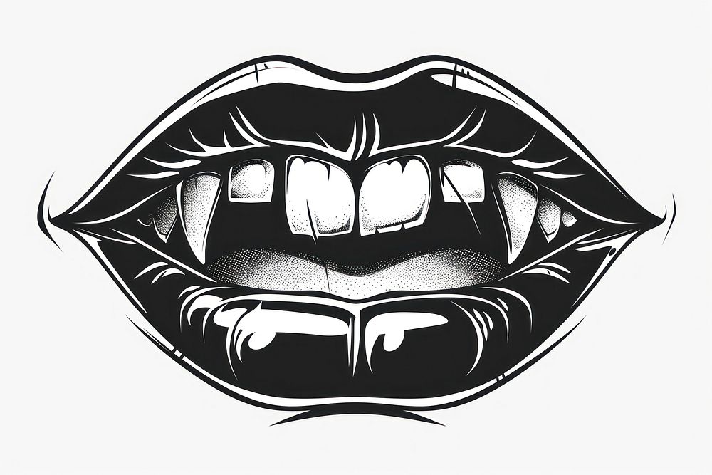 Sexy vampire lip teeth with fangs drawing sketch logo.