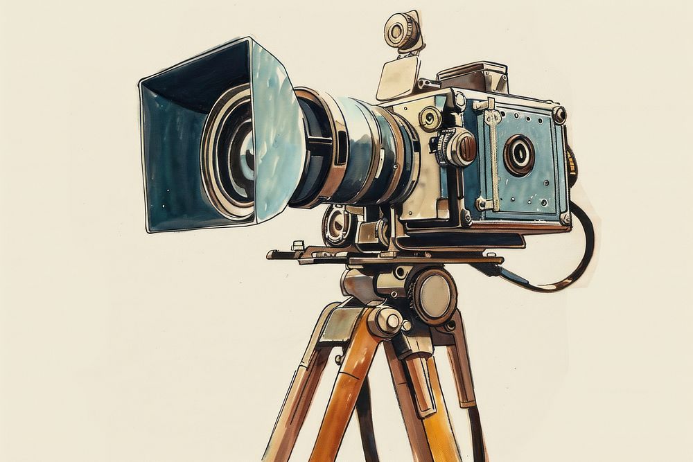 Vintage illustration of movie film camera photography electronics weaponry.