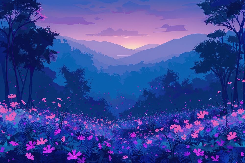 Forest and flower field in spring purple backgrounds landscape.