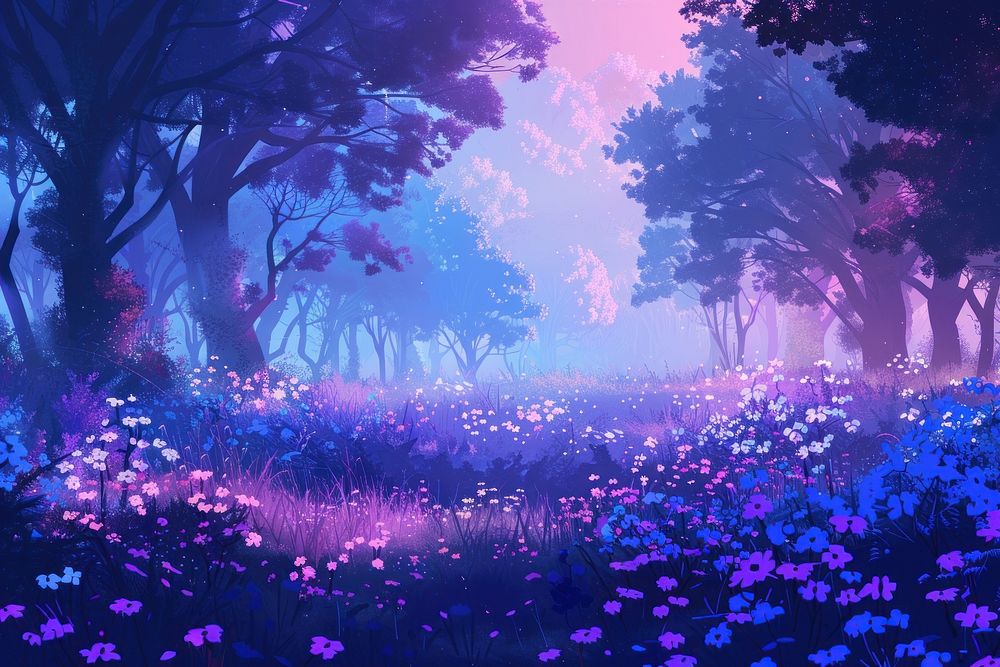 Forest and flower field in spring purple landscape outdoors.