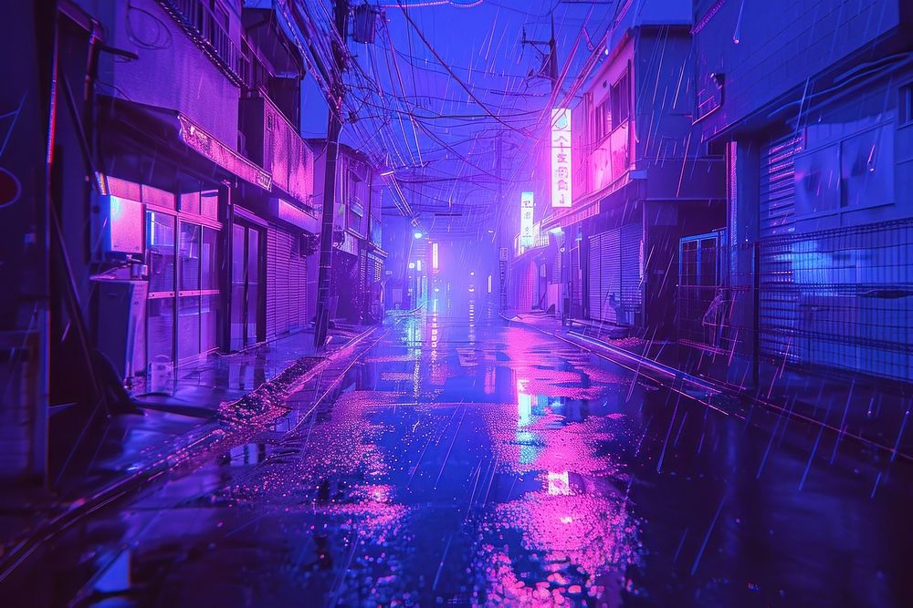 Illustration of a cyberpunk street purple alley.