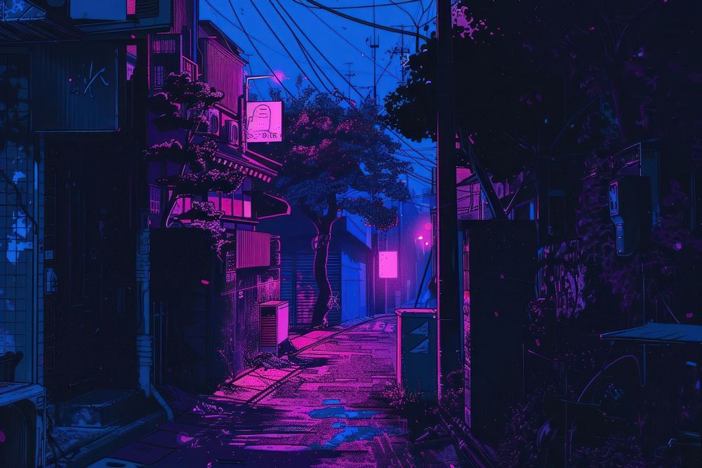 Illustration of a cyberpunk architecture building street.