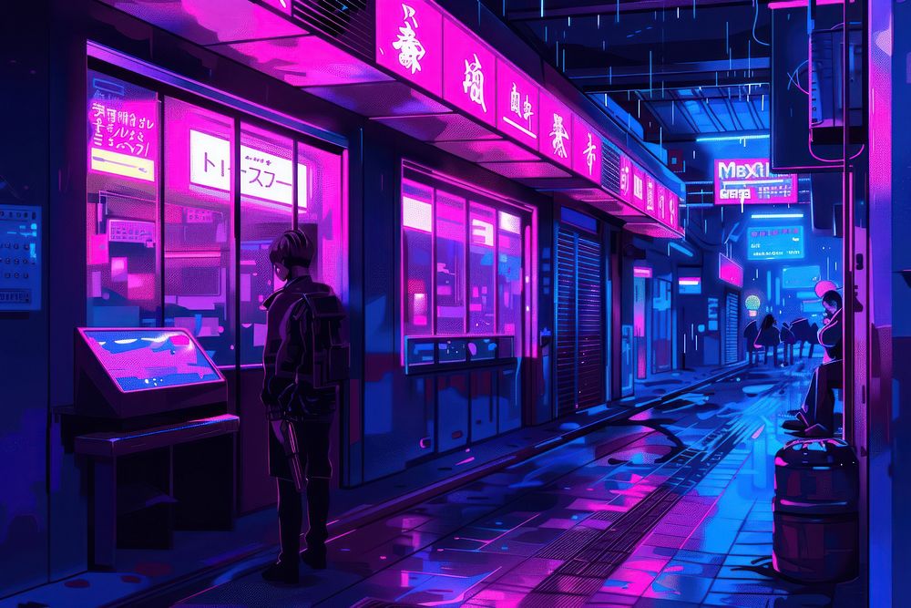 Illustration of a cyberpunk nightlife purple city.
