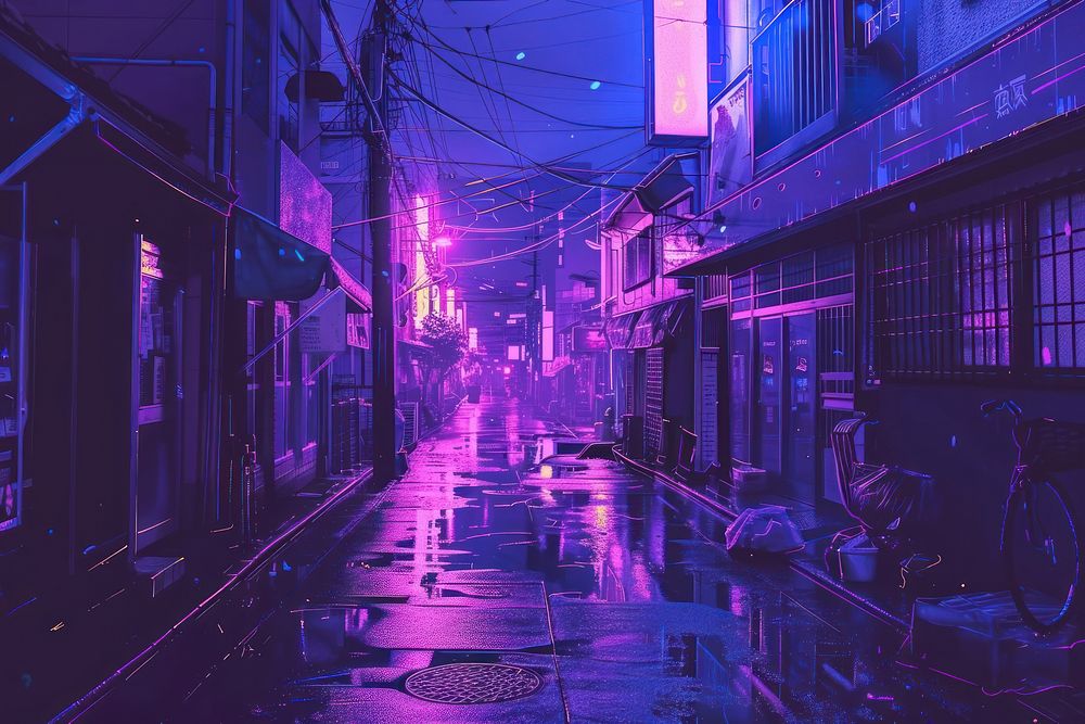 Illustration of a cyberpunk architecture building street.