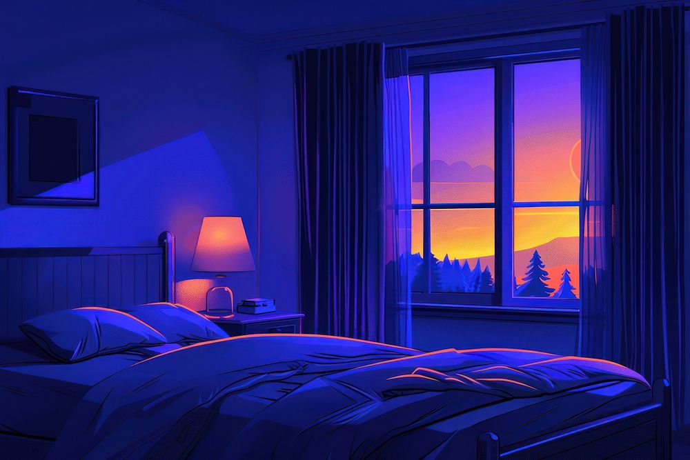 A bedroom with the open window furniture purple blue.