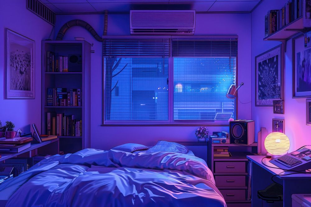 A bedroom in the morning furniture computer purple.