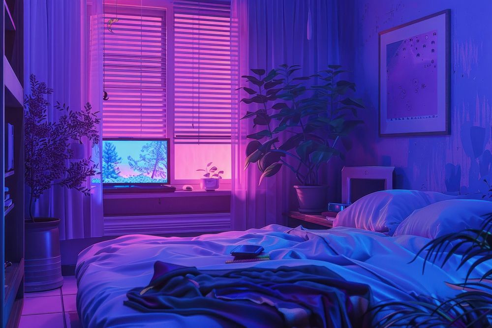 A bedroom in the morning purple furniture plant.