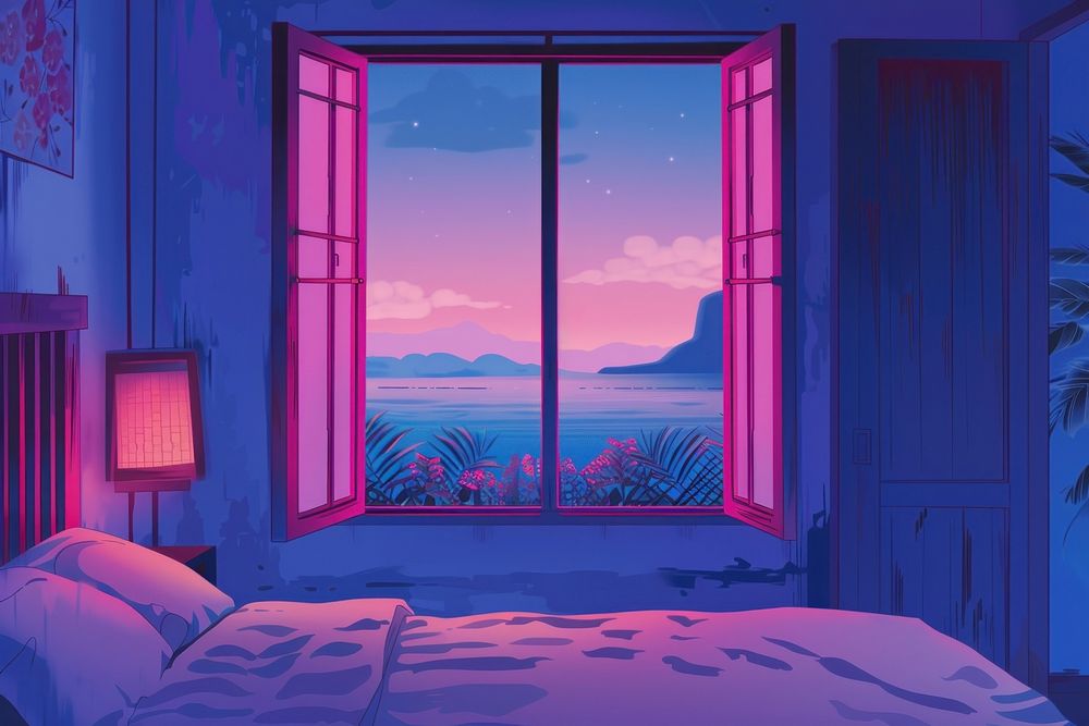 A bedroom with the open window furniture purple blue.