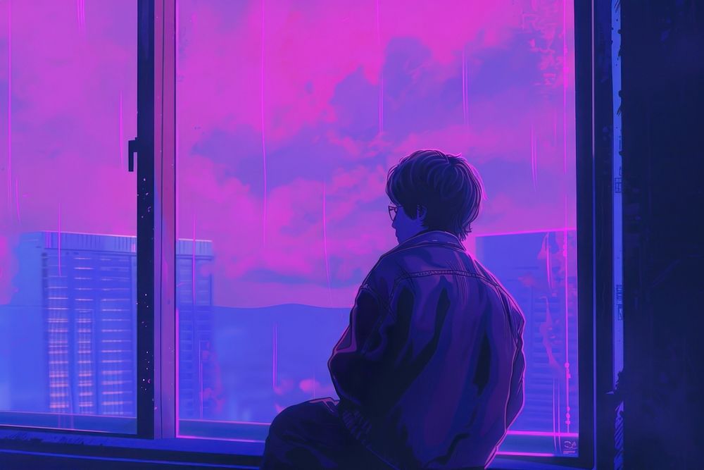 A boy thinking about the future purple adult man.