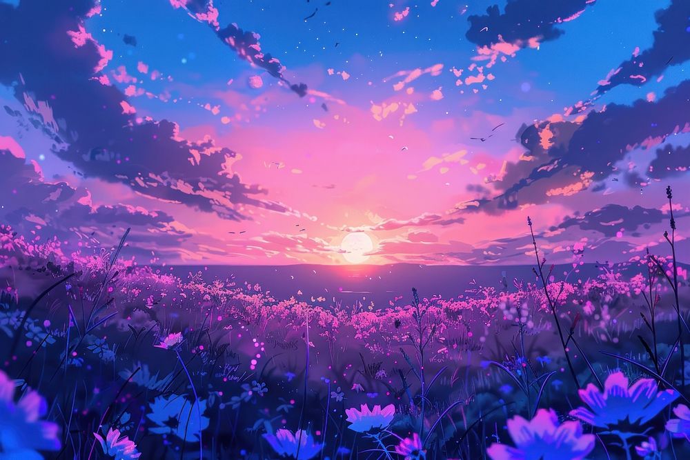 Illustration of a flower field sunset purple landscape.