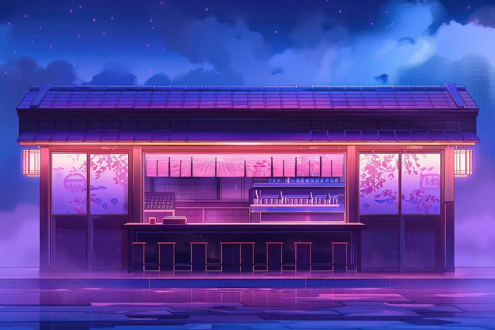 Open-air restaurant under night sky purple bar architecture.