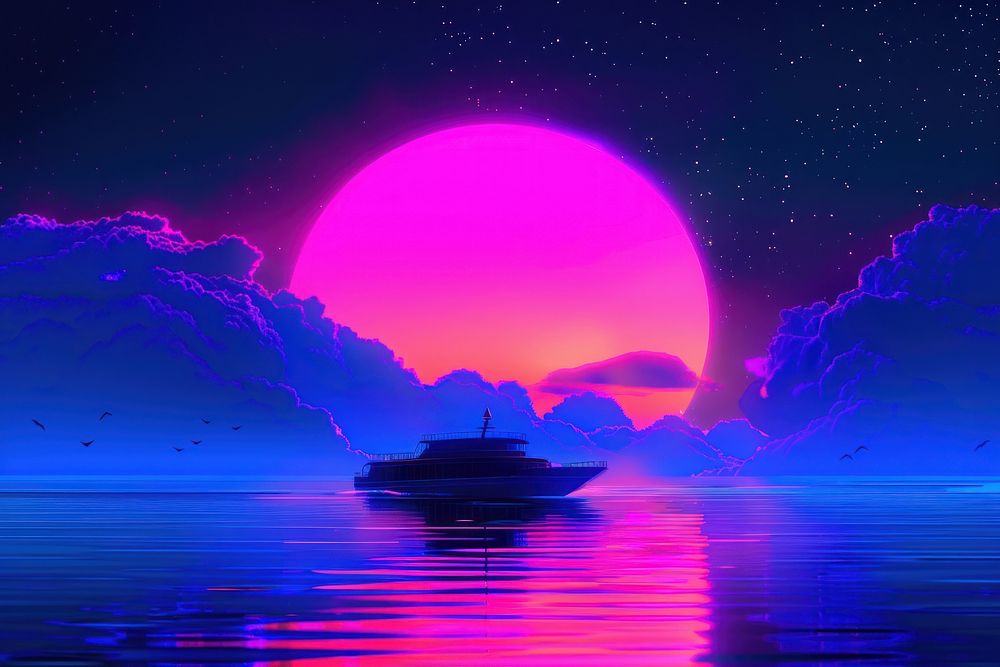 A ship cruising purple night sky.