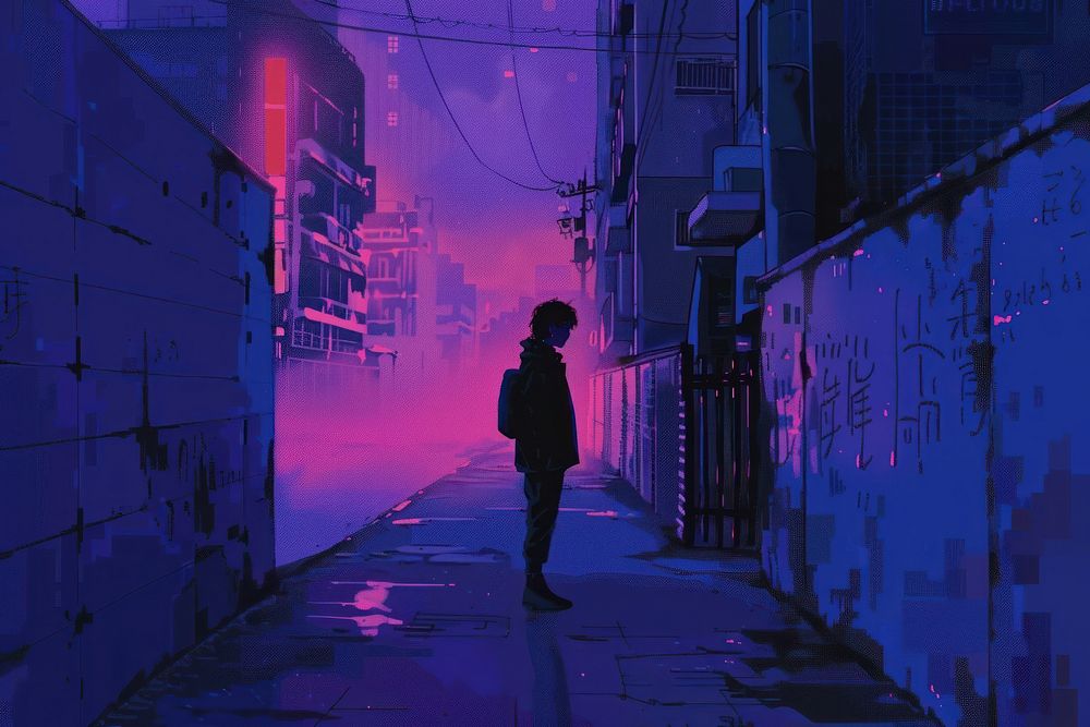 Illustration of a sad mood street purple light.