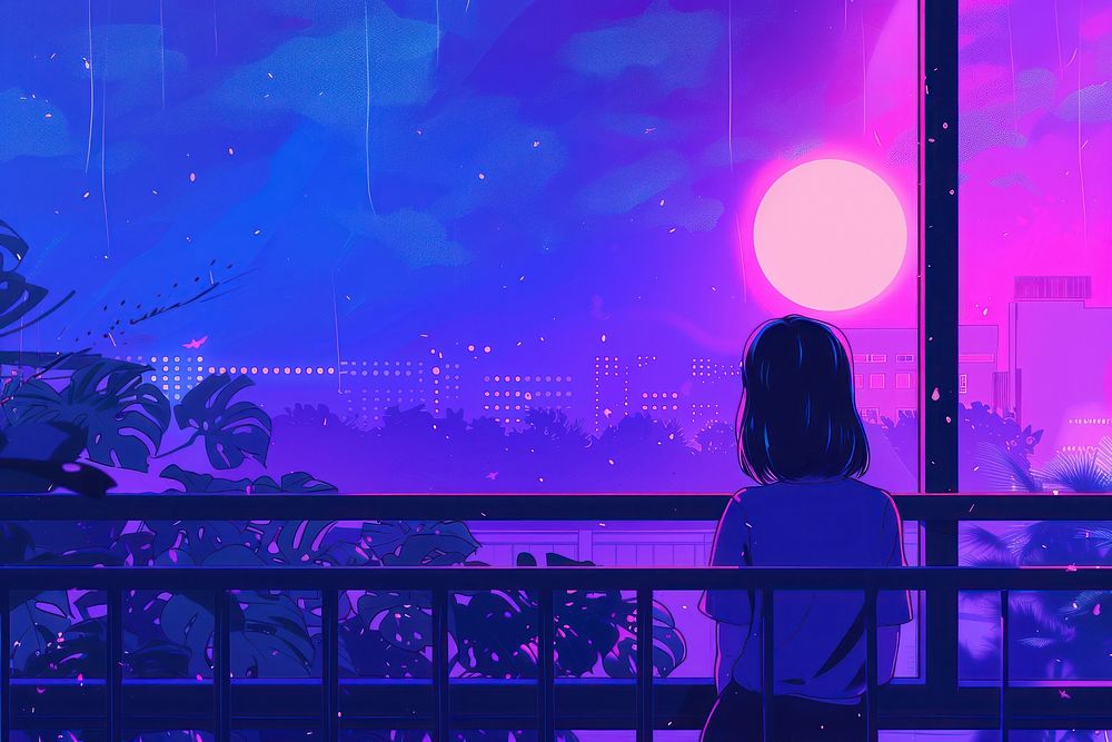 Illustration of a sad mood purple light night.