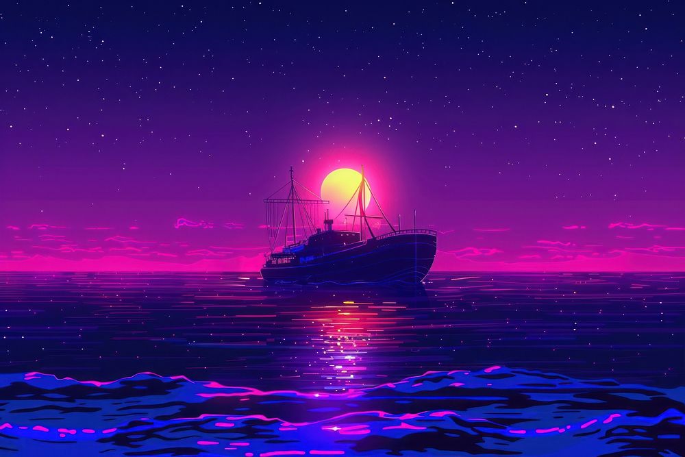 A ship cruising night ocean sky.