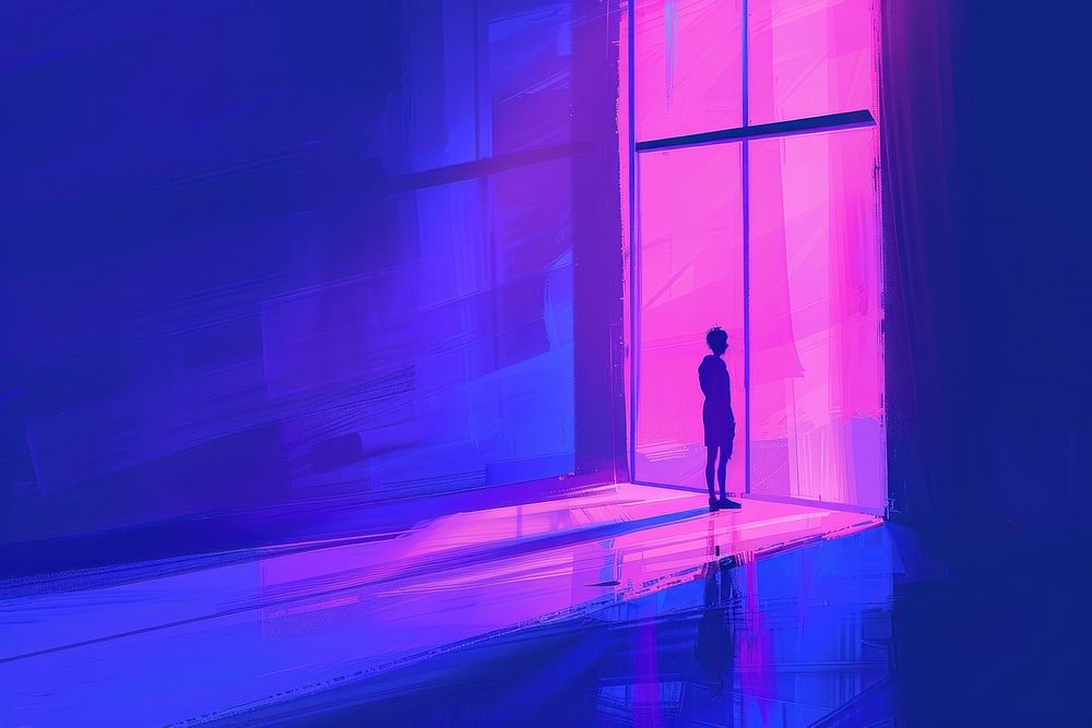 A person in calm purple light wall.