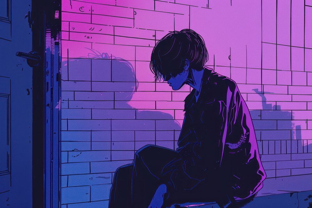 A person in lonely feeling purple blue wall.