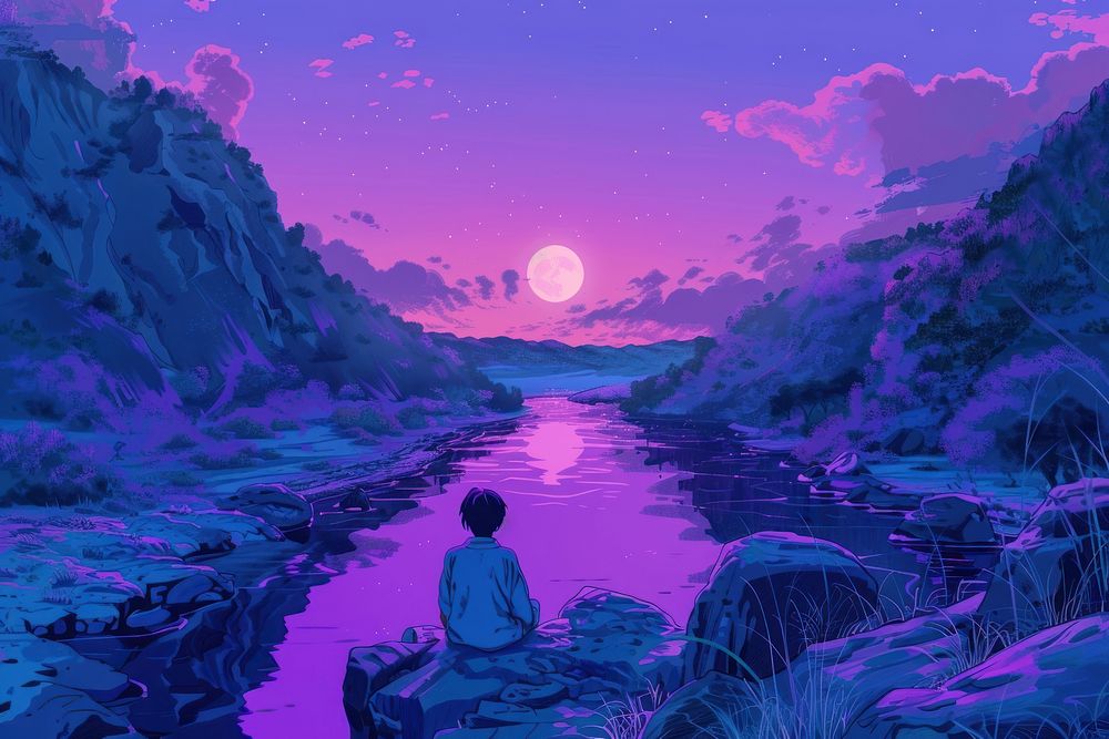 A person in calm near the river purple landscape outdoors.