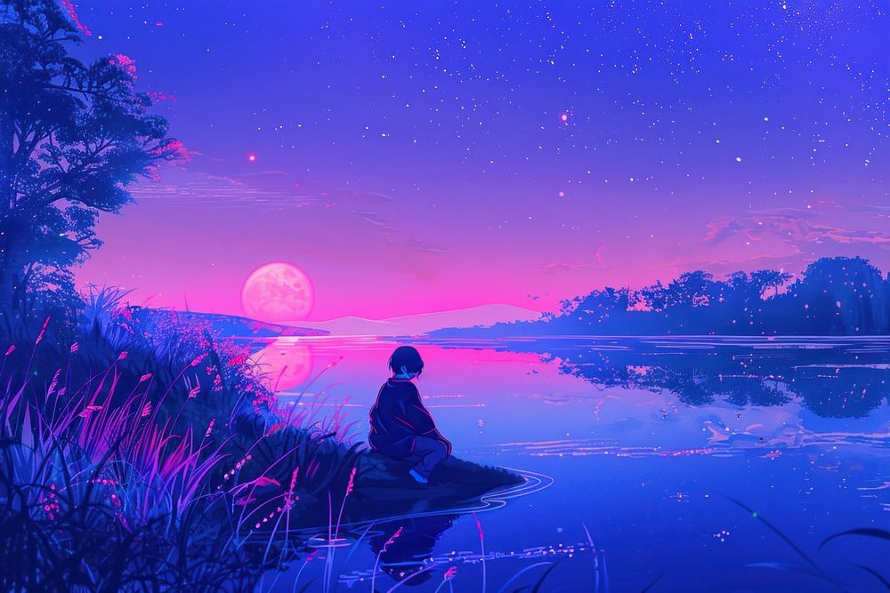 A person in calm near the river purple astronomy outdoors.