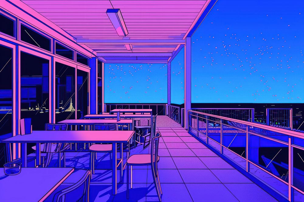 A rooftop restaurant under the night sky architecture building purple.