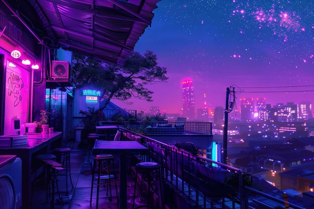 A rooftop restaurant under the night sky architecture nightlife cityscape.