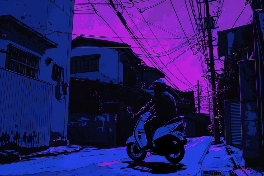 Riding a motorcycle back home purple city man.