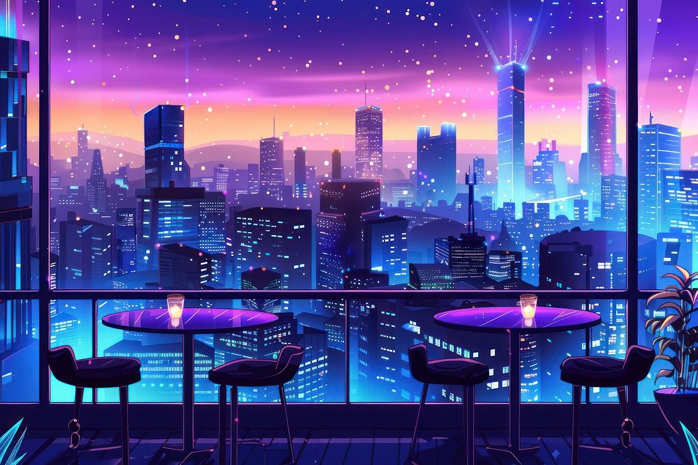 A rooftop restaurant under the night sky purple architecture cityscape.