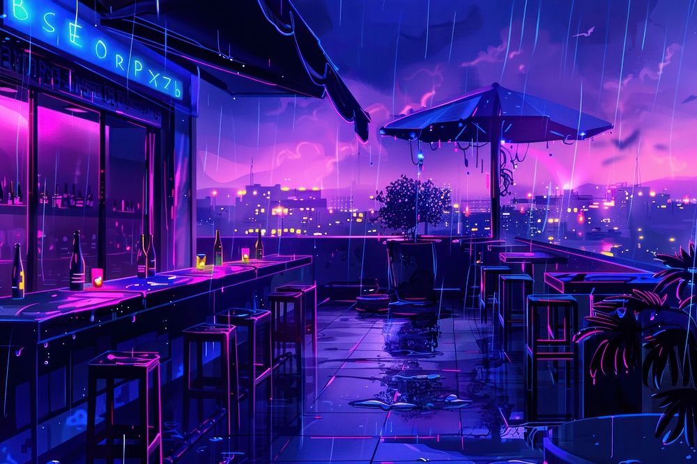 A rooftop restaurant under the night sky nightclub purple chair.