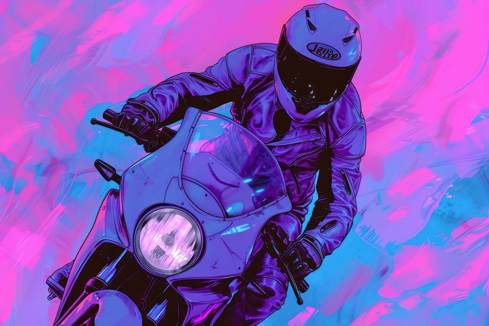 Riding a motorcycle vehicle helmet purple.
