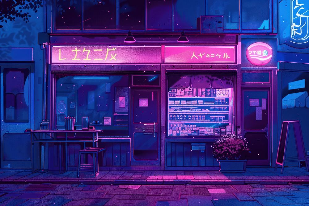 Illustration of cafe table neon bar.