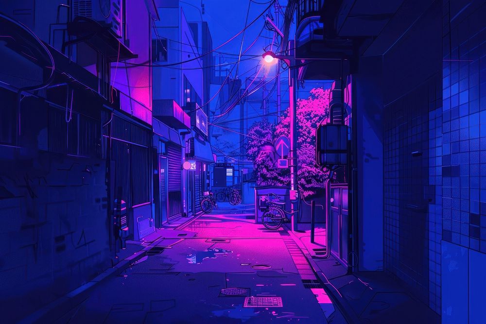 Illustration of CBD night life street purple alley.