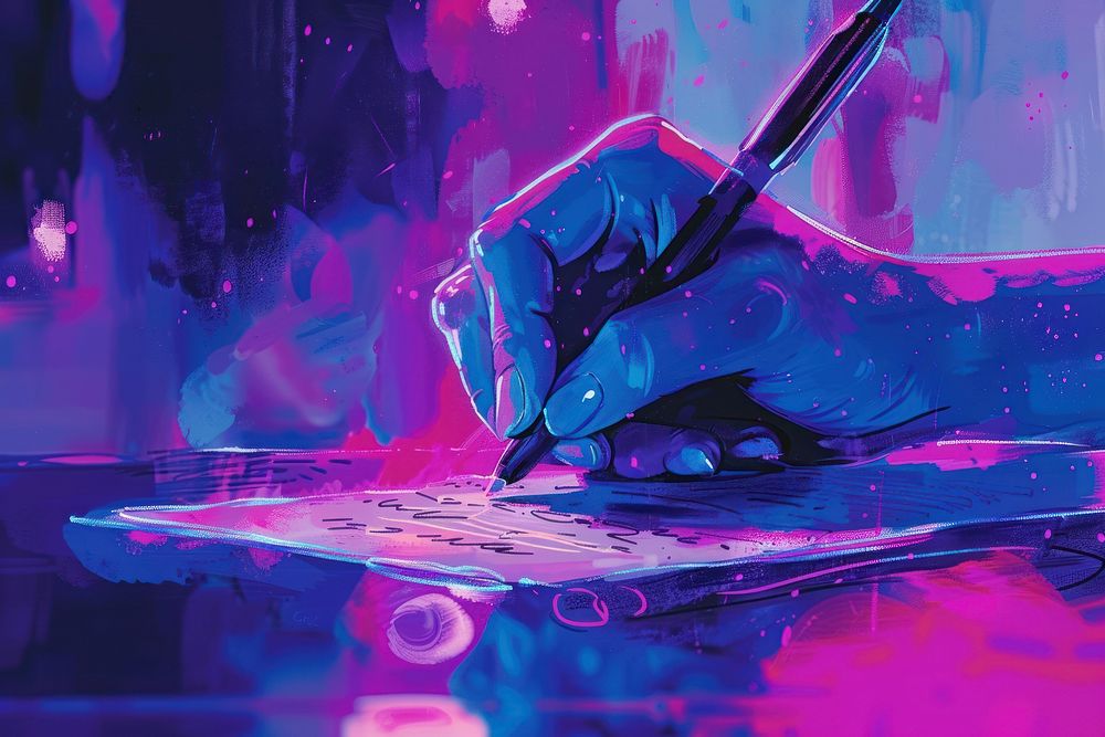 Hand writing a letter purple blue art.