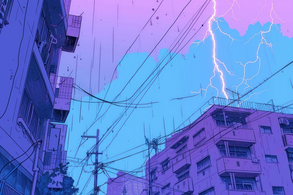 Illustration of lightning outdoors purple city.