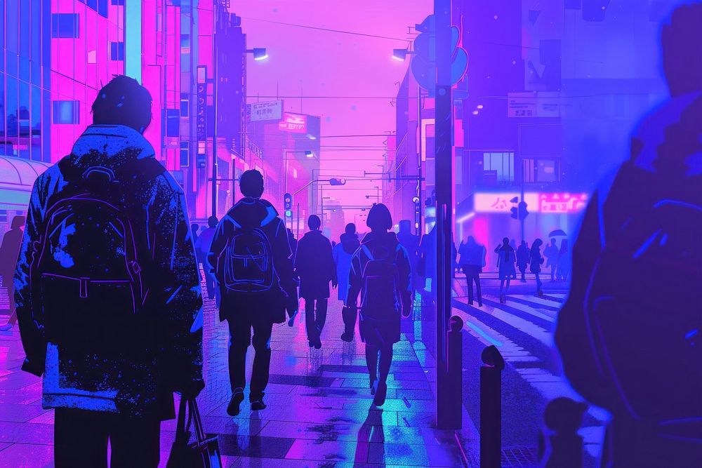 People going to work in morning nightlife purple light.