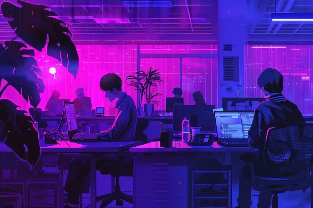 People working in office computer laptop purple.