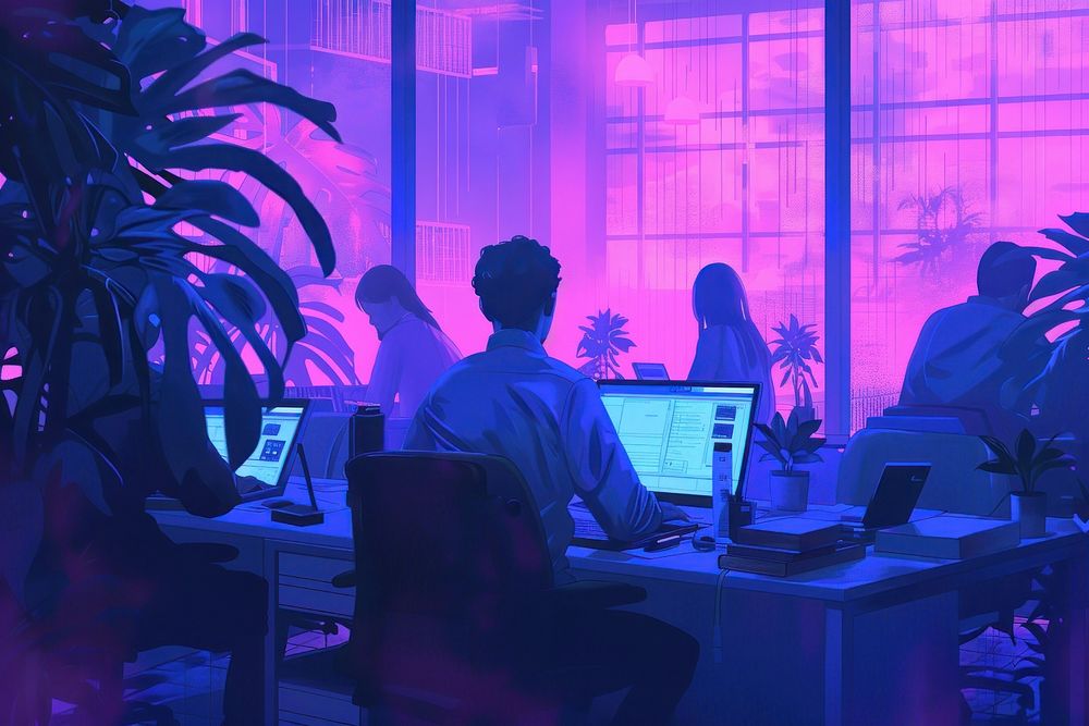 People working in office computer purple table.