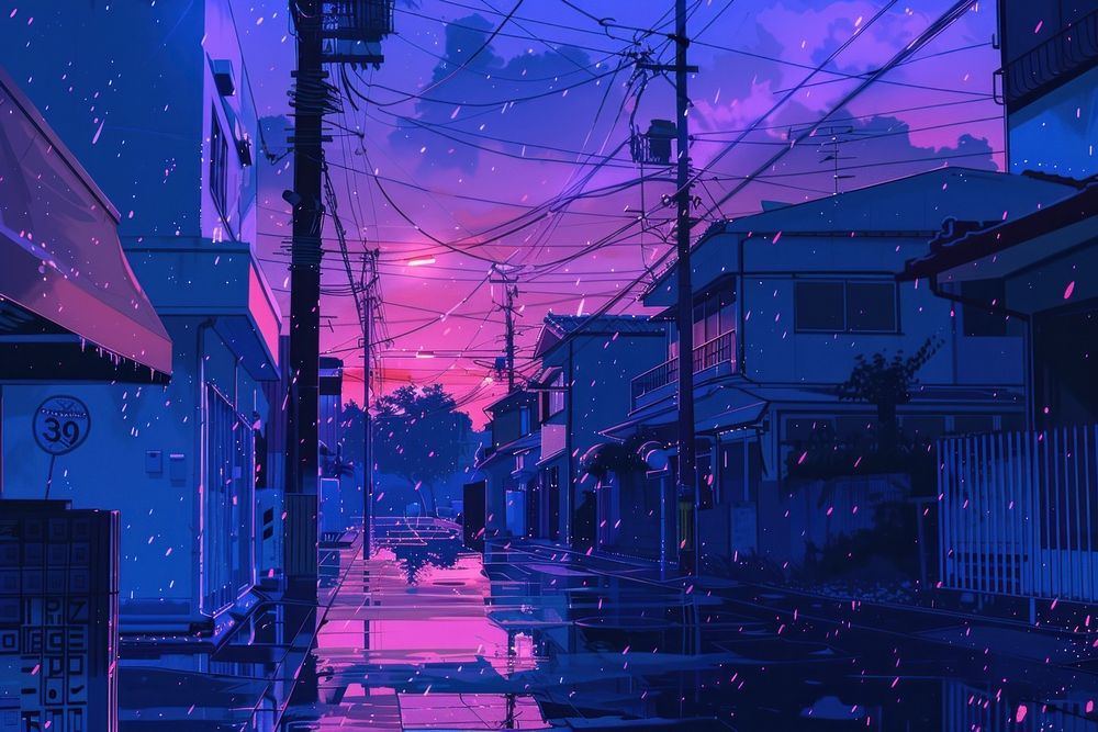 Illustration of writing street purple city.