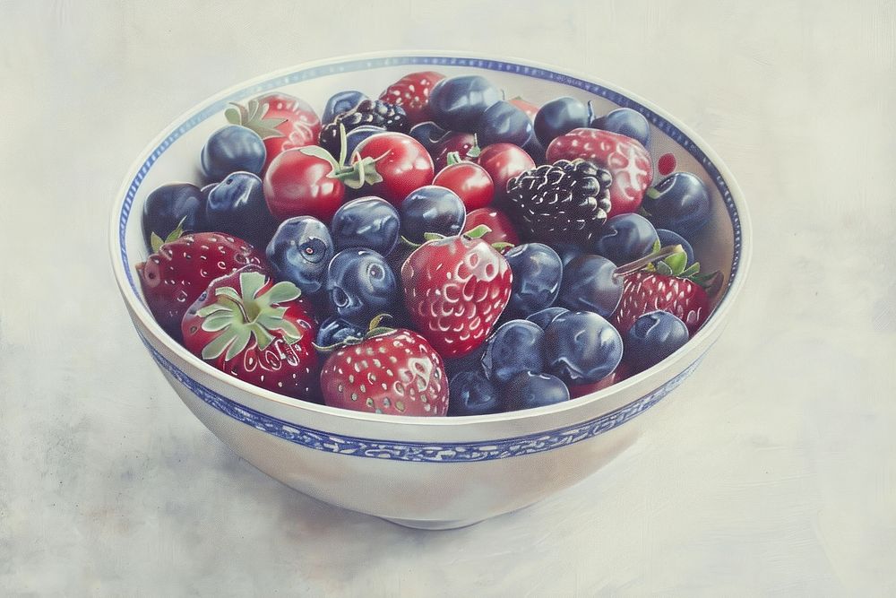 Close up of acai bowl blackberry blueberry produce.