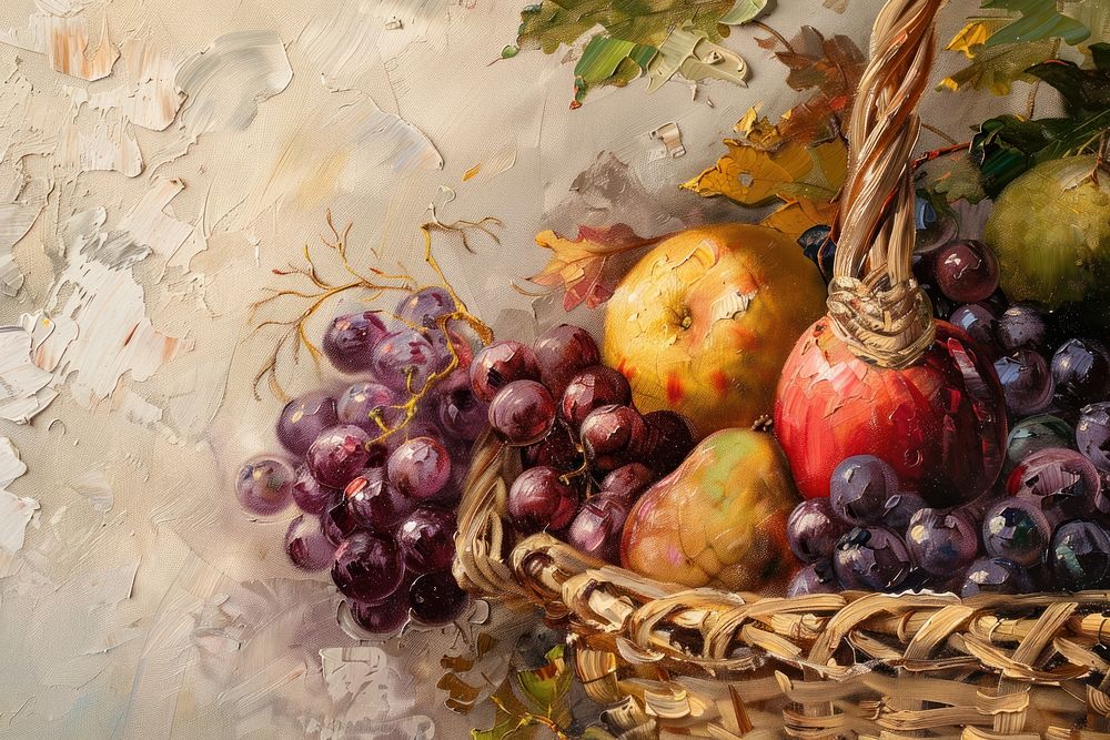 Close up on pale fruit basket painting produce grapes.