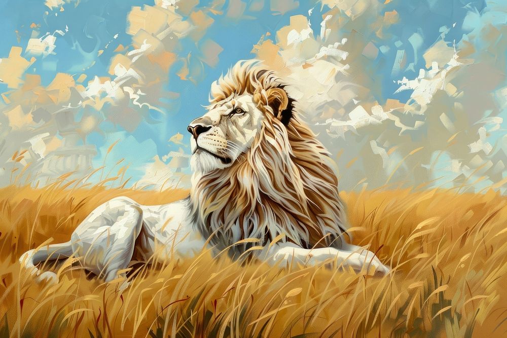 Lion on grass meadow painting wildlife outdoors.