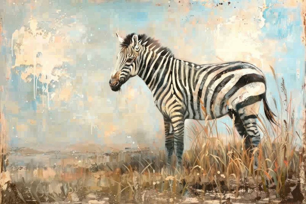Zebra on grass meadow painting wildlife animal.